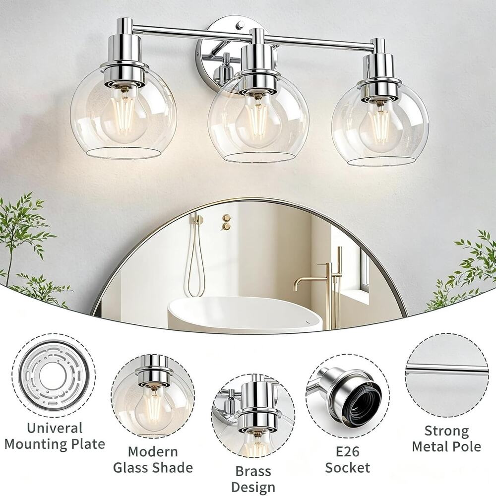 3 Lights Bathroom Vanity Light Fixtures Chrome, Bathroom Lights Over Mirror, Ind - Picture 3 of 5